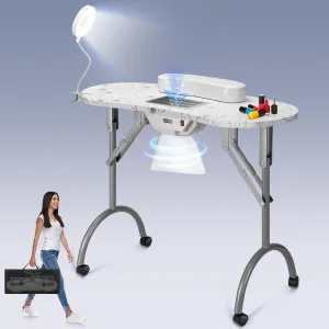 Portable Manicure Nail Table on Wheels with Built-In Dust Collector, Updated Usb-Plug LED Table Lamp, Carry Bag for Home Spa Beauty Salon Workstation, White