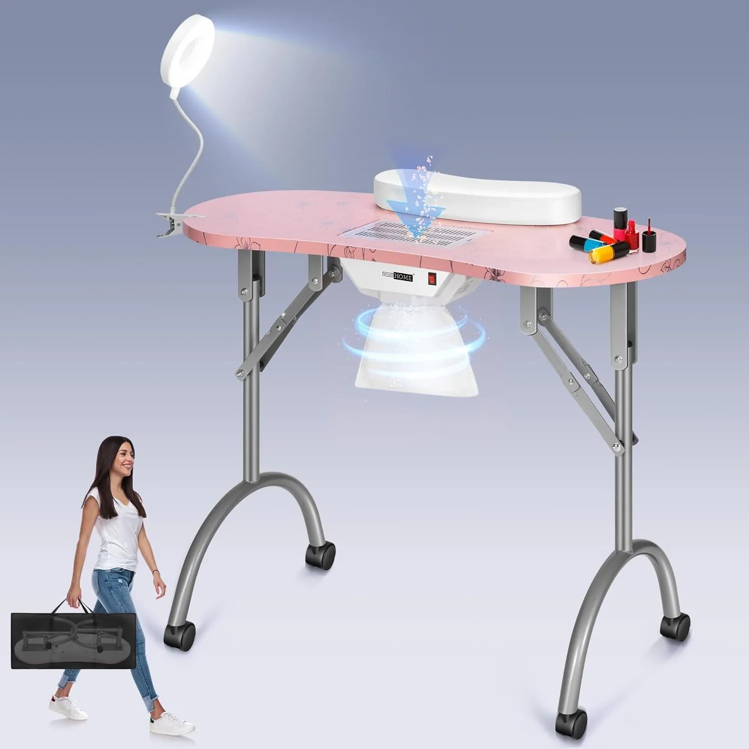 Portable Manicure Nail Table on Wheels with Built-In Dust Collector, Updated Usb-Plug LED Table Lamp, Carry Bag for Home Spa Beauty Salon Workstation, White