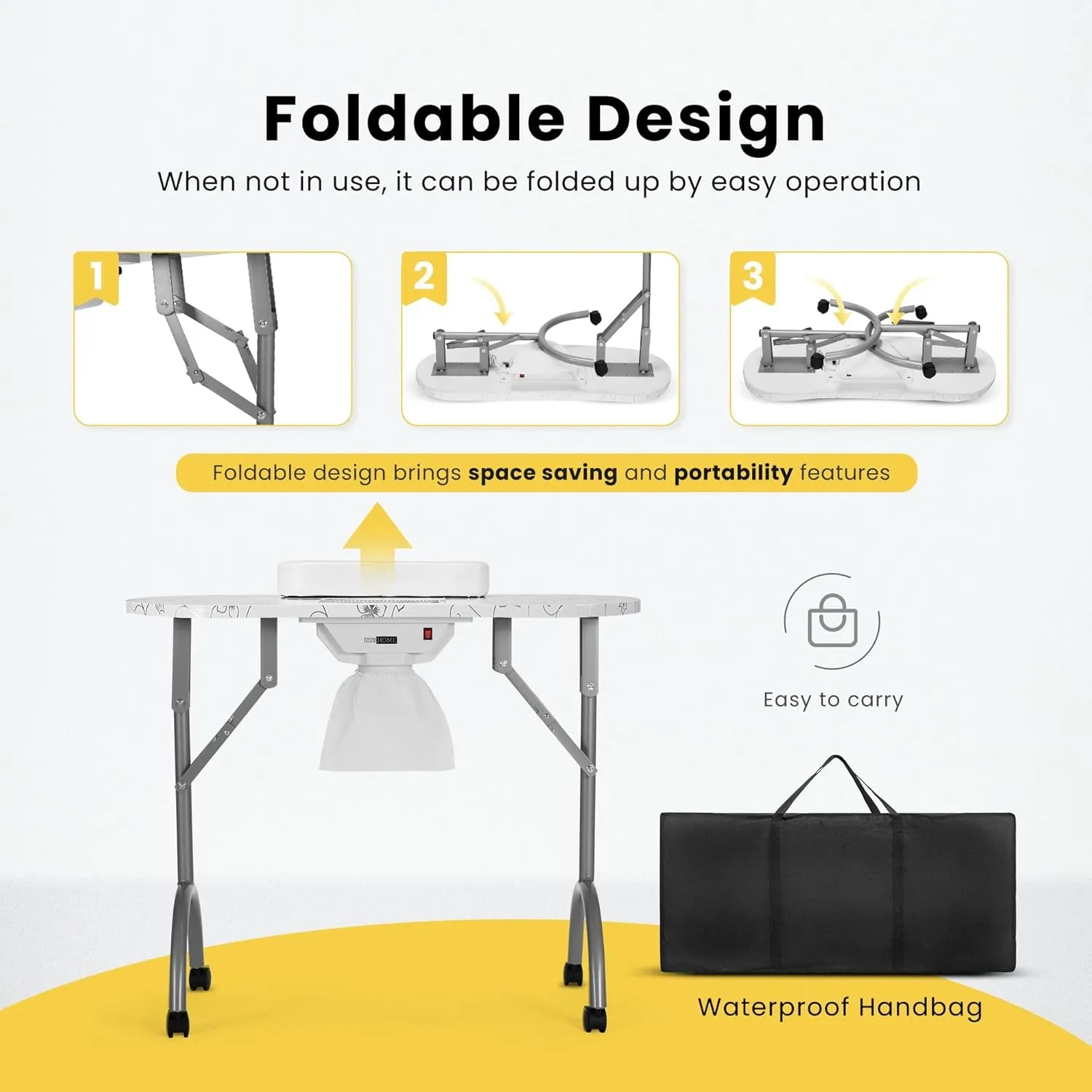 Portable Manicure Nail Table on Wheels with Built-In Dust Collector, Updated Usb-Plug LED Table Lamp, Carry Bag for Home Spa Beauty Salon Workstation, White
