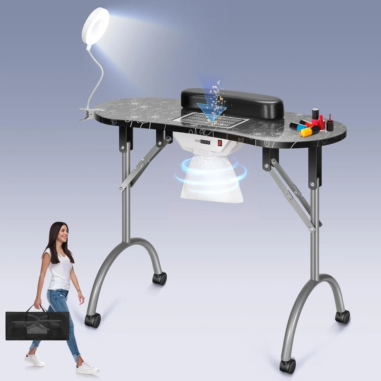 Portable Manicure Nail Table on Wheels with Built-In Dust Collector, Updated Usb-Plug LED Table Lamp, Carry Bag for Home Spa Beauty Salon Workstation, White