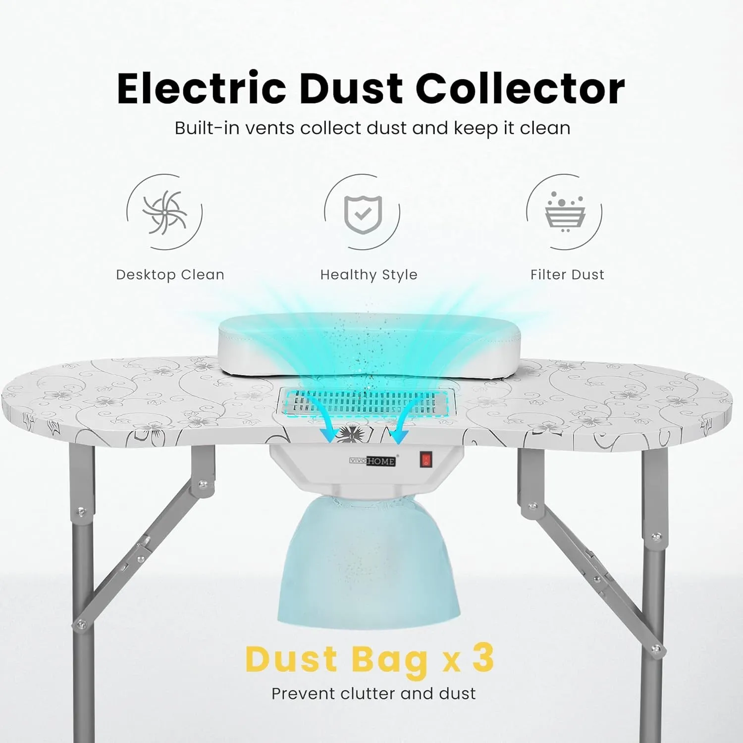 Portable Manicure Nail Table on Wheels with Built-In Dust Collector, Updated Usb-Plug LED Table Lamp, Carry Bag for Home Spa Beauty Salon Workstation, White