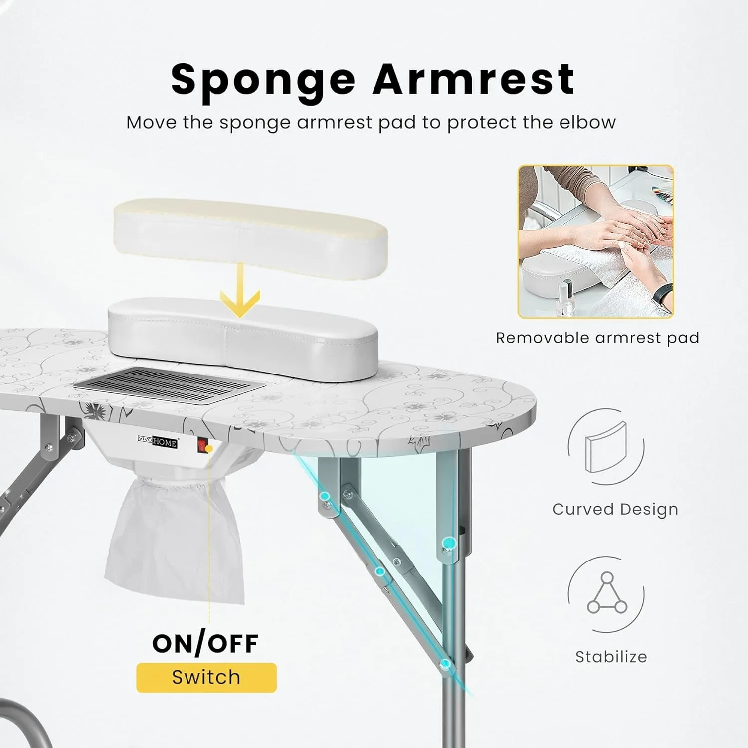 Portable Manicure Nail Table on Wheels with Built-In Dust Collector, Updated Usb-Plug LED Table Lamp, Carry Bag for Home Spa Beauty Salon Workstation, White