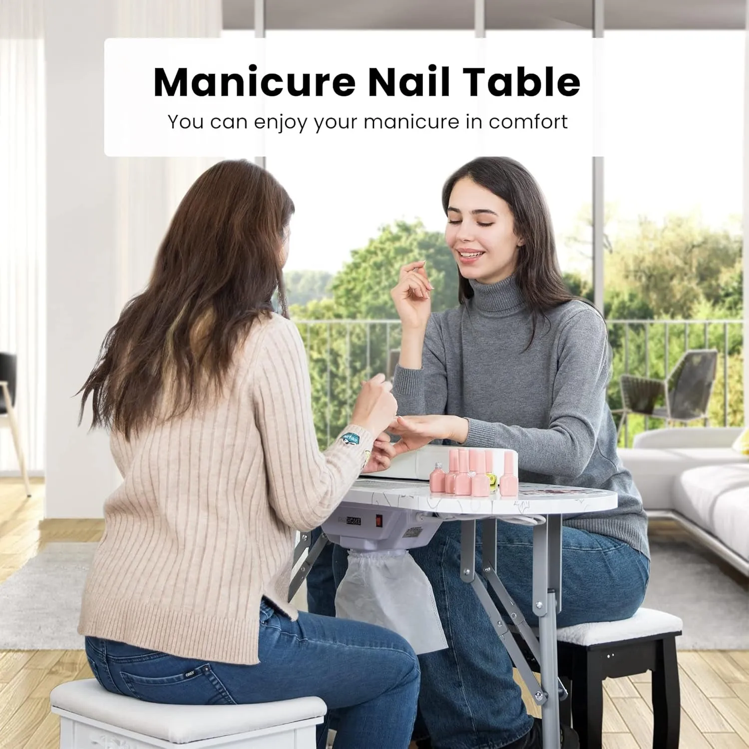 Portable Manicure Nail Table on Wheels with Built-In Dust Collector, Updated Usb-Plug LED Table Lamp, Carry Bag for Home Spa Beauty Salon Workstation, White