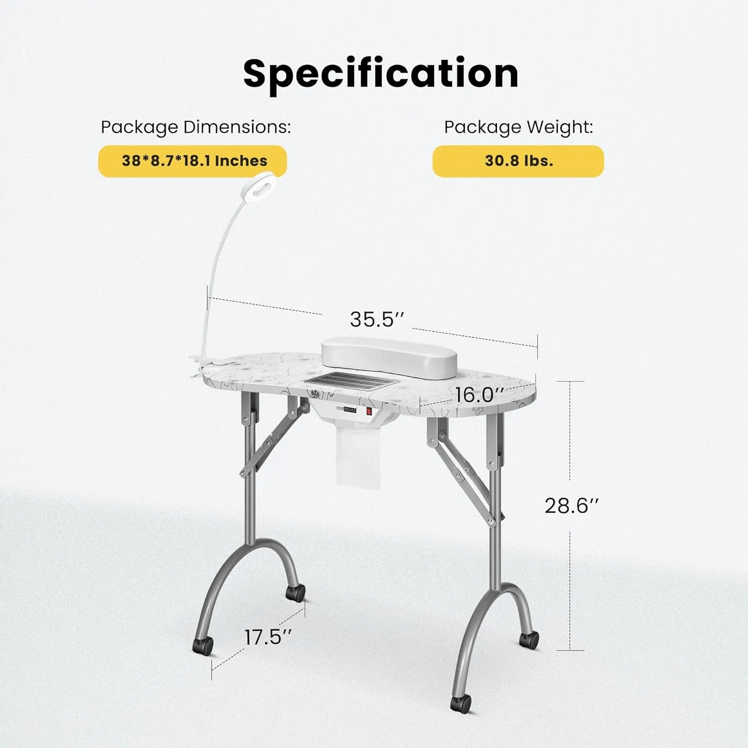 Portable Manicure Nail Table on Wheels with Built-In Dust Collector, Updated Usb-Plug LED Table Lamp, Carry Bag for Home Spa Beauty Salon Workstation, White