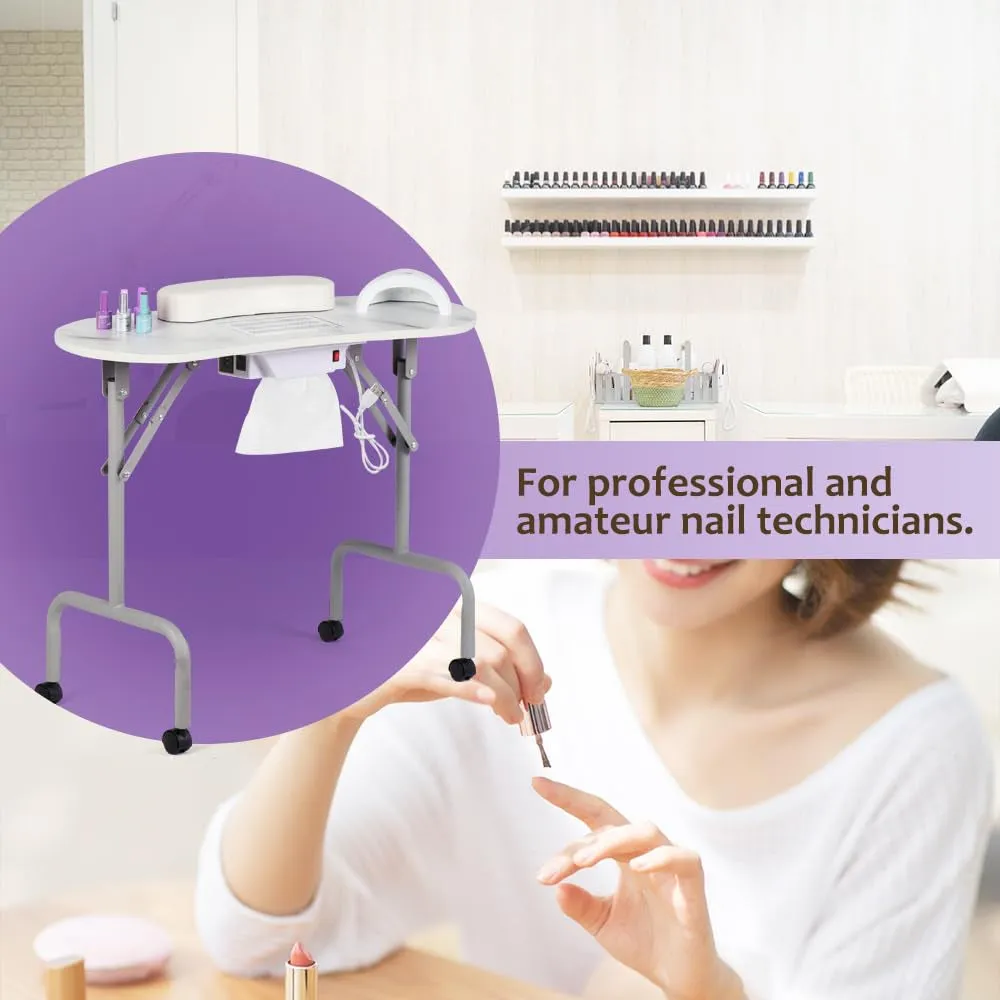 Portable Manicure Table Foldable Nail Desk with Charging Station & Dust Collector Professional Nail Tech Table for Technician Spa Salon Workstation, Wrist Pad 4 Lockable Wheels, White Marbled