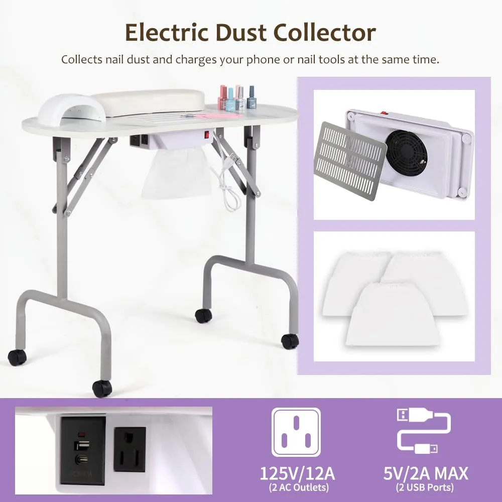Portable Manicure Table Foldable Nail Desk with Charging Station & Dust Collector Professional Nail Tech Table for Technician Spa Salon Workstation, Wrist Pad 4 Lockable Wheels, White Marbled