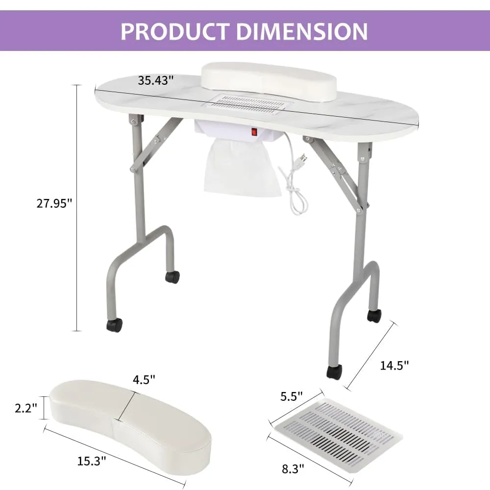 Portable Manicure Table Foldable Nail Desk with Charging Station & Dust Collector Professional Nail Tech Table for Technician Spa Salon Workstation, Wrist Pad 4 Lockable Wheels, White Marbled