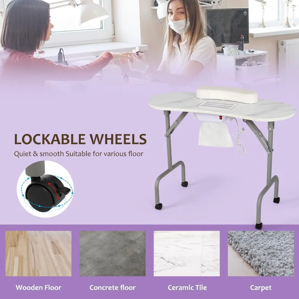 Portable Manicure Table Foldable Nail Desk with Charging Station & Dust Collector Professional Nail Tech Table for Technician Spa Salon Workstation, Wrist Pad 4 Lockable Wheels, White Marbled