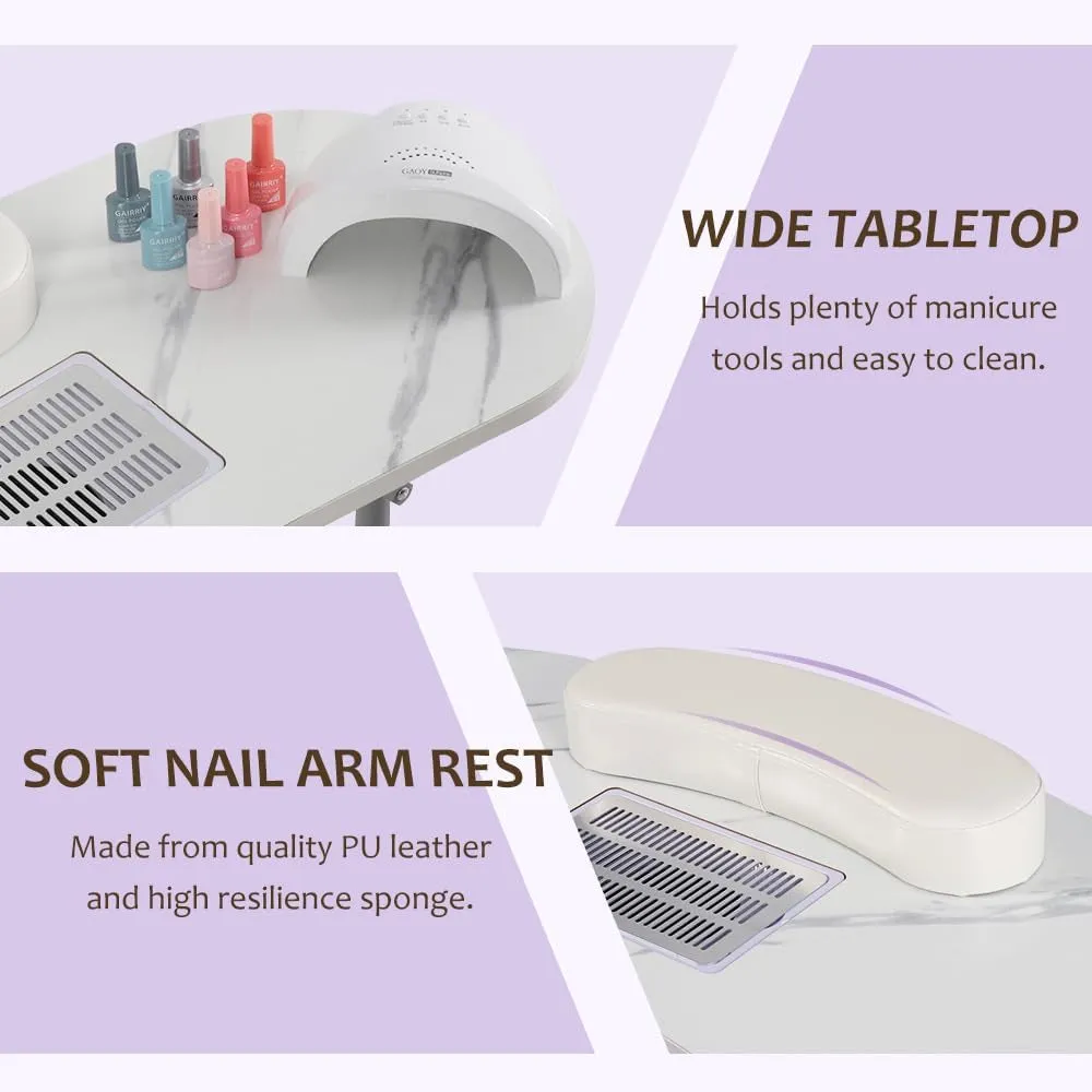 Portable Manicure Table Foldable Nail Desk with Charging Station & Dust Collector Professional Nail Tech Table for Technician Spa Salon Workstation, Wrist Pad 4 Lockable Wheels, White Marbled