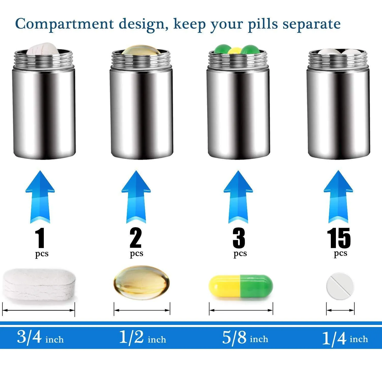 PPFISH Portable Daily Pill Case, 3 Compartments Stainless Steel Waterproof Pill Box Dispenser, Small Pocket Pill Container, Keychain Pill Fob, Travel Pill Holder for Men Women (Medium)
