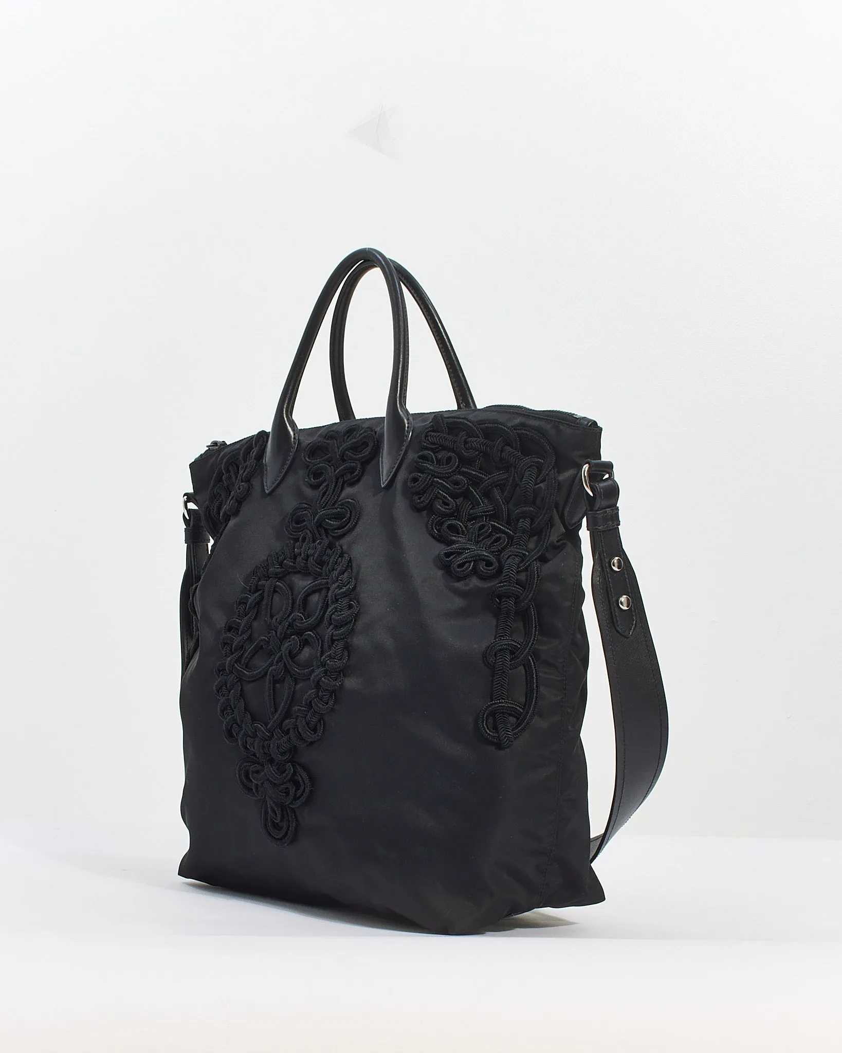 Prada Black Nylon Tessuto Embroidered Convertible Tote with Strap