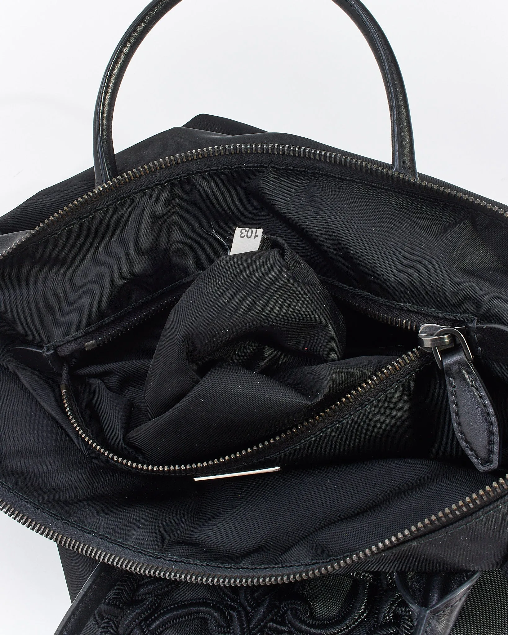 Prada Black Nylon Tessuto Embroidered Convertible Tote with Strap