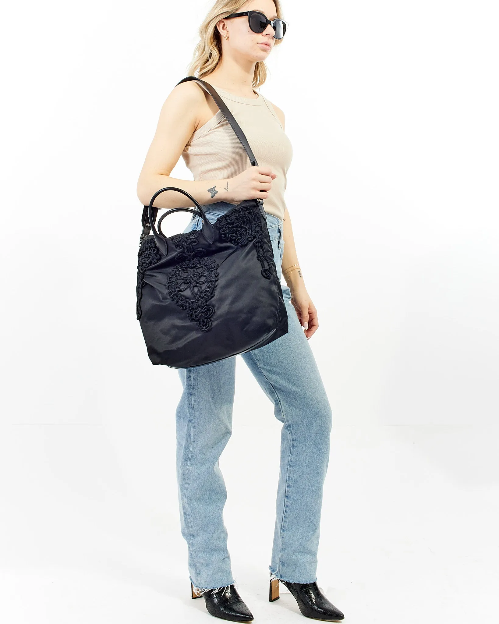 Prada Black Nylon Tessuto Embroidered Convertible Tote with Strap