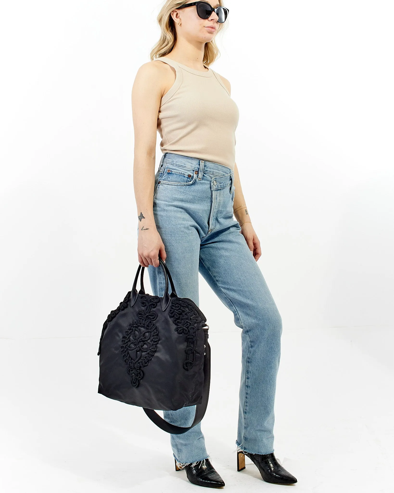 Prada Black Nylon Tessuto Embroidered Convertible Tote with Strap