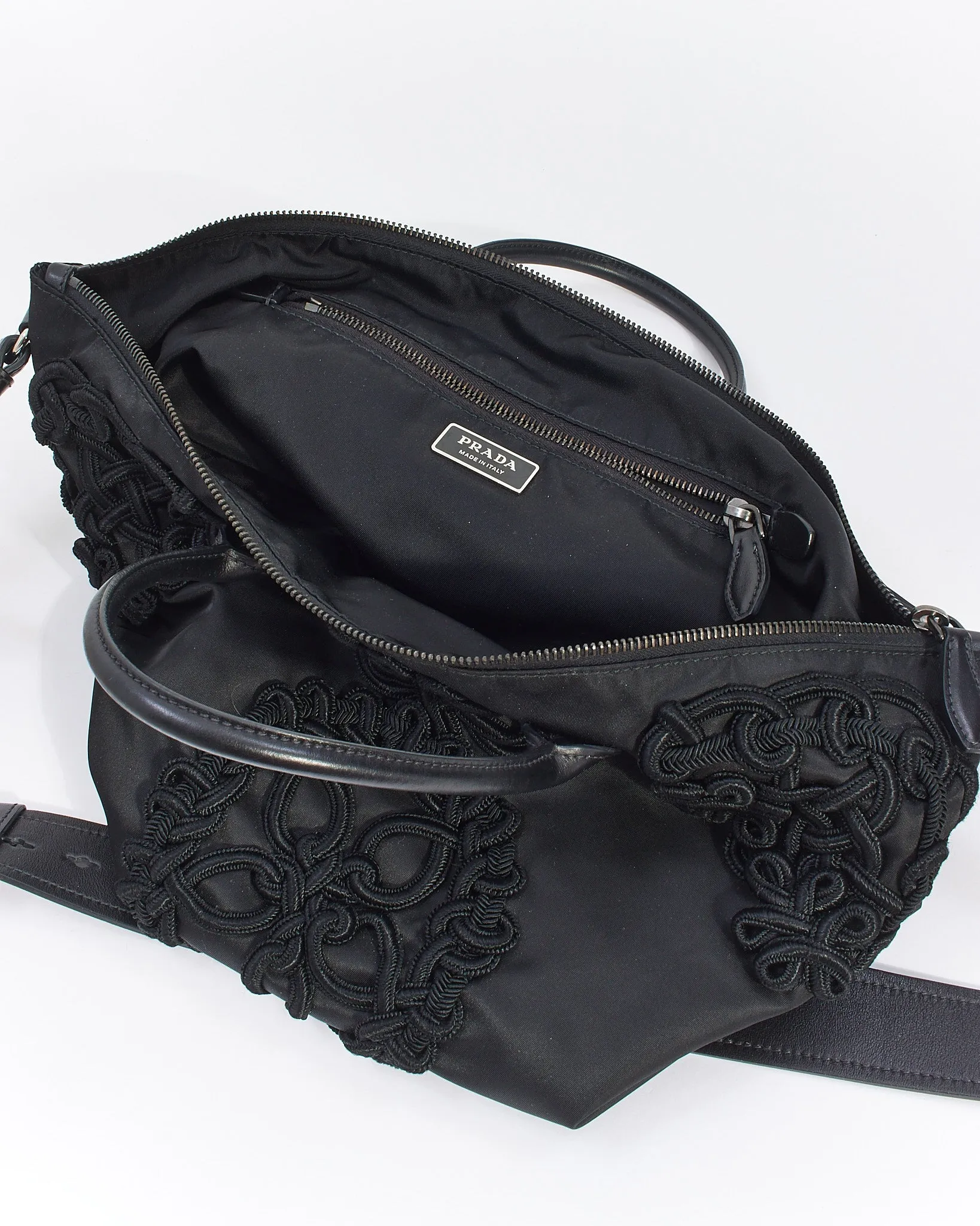 Prada Black Nylon Tessuto Embroidered Convertible Tote with Strap