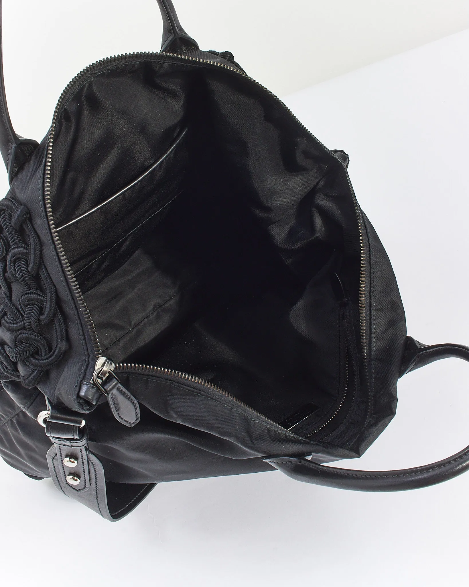 Prada Black Nylon Tessuto Embroidered Convertible Tote with Strap