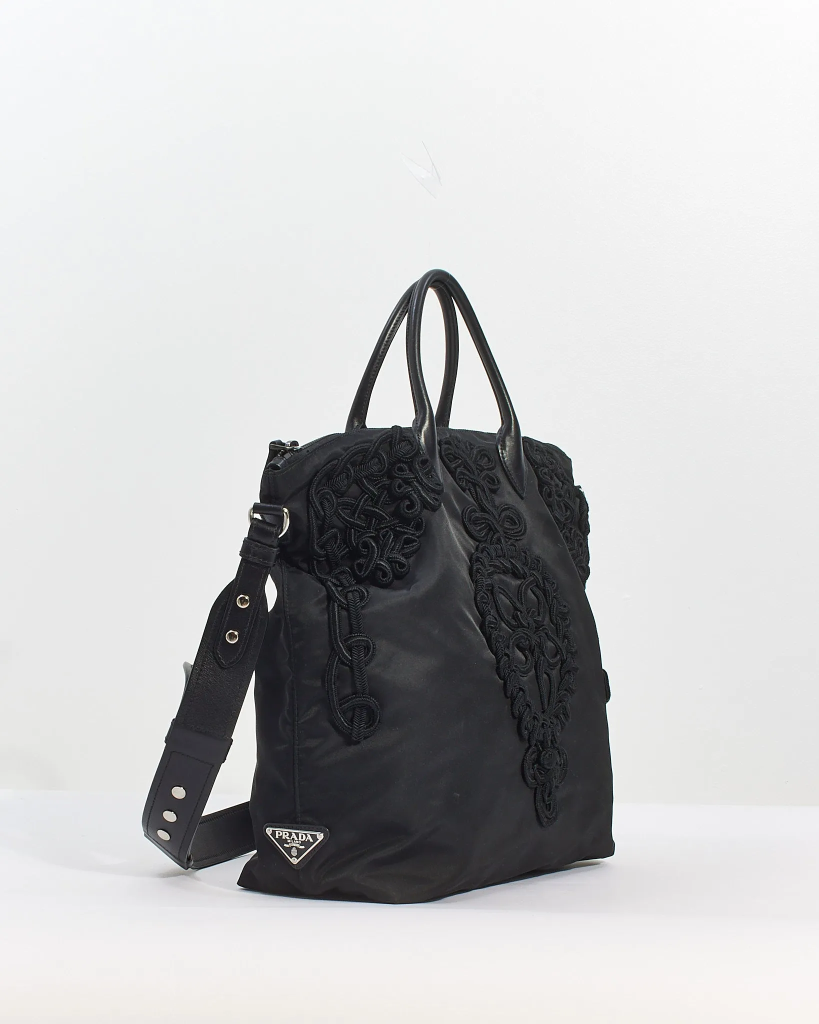 Prada Black Nylon Tessuto Embroidered Convertible Tote with Strap