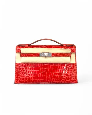 Pre-owned Hermès Kelly Pochette – Sanguine Porosus Crocodile - Palladium Hardware