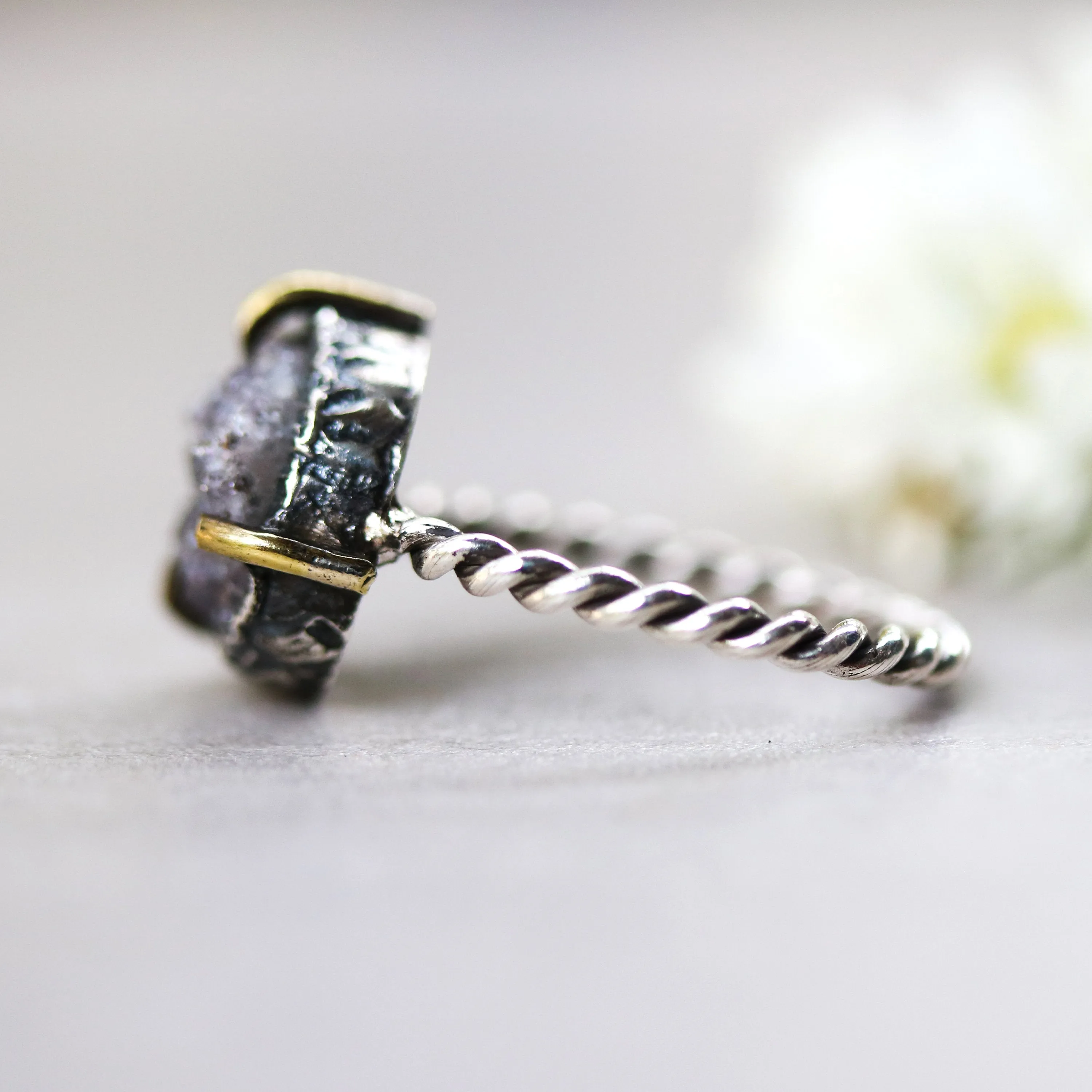 Purple round druzy quartz ring in silver bezel and brass prongs setting with oxidized sterling silver twist design band