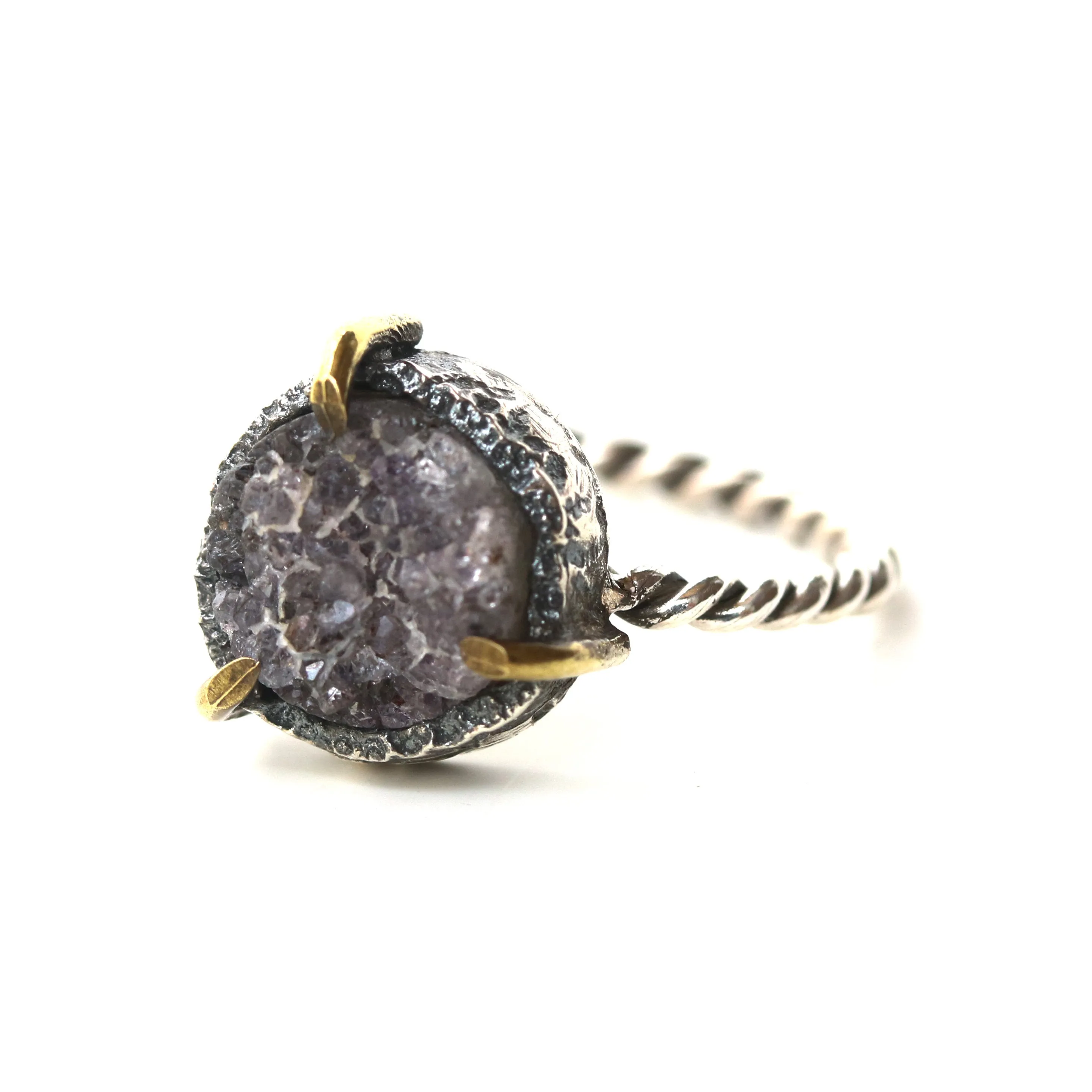 Purple round druzy quartz ring in silver bezel and brass prongs setting with oxidized sterling silver twist design band
