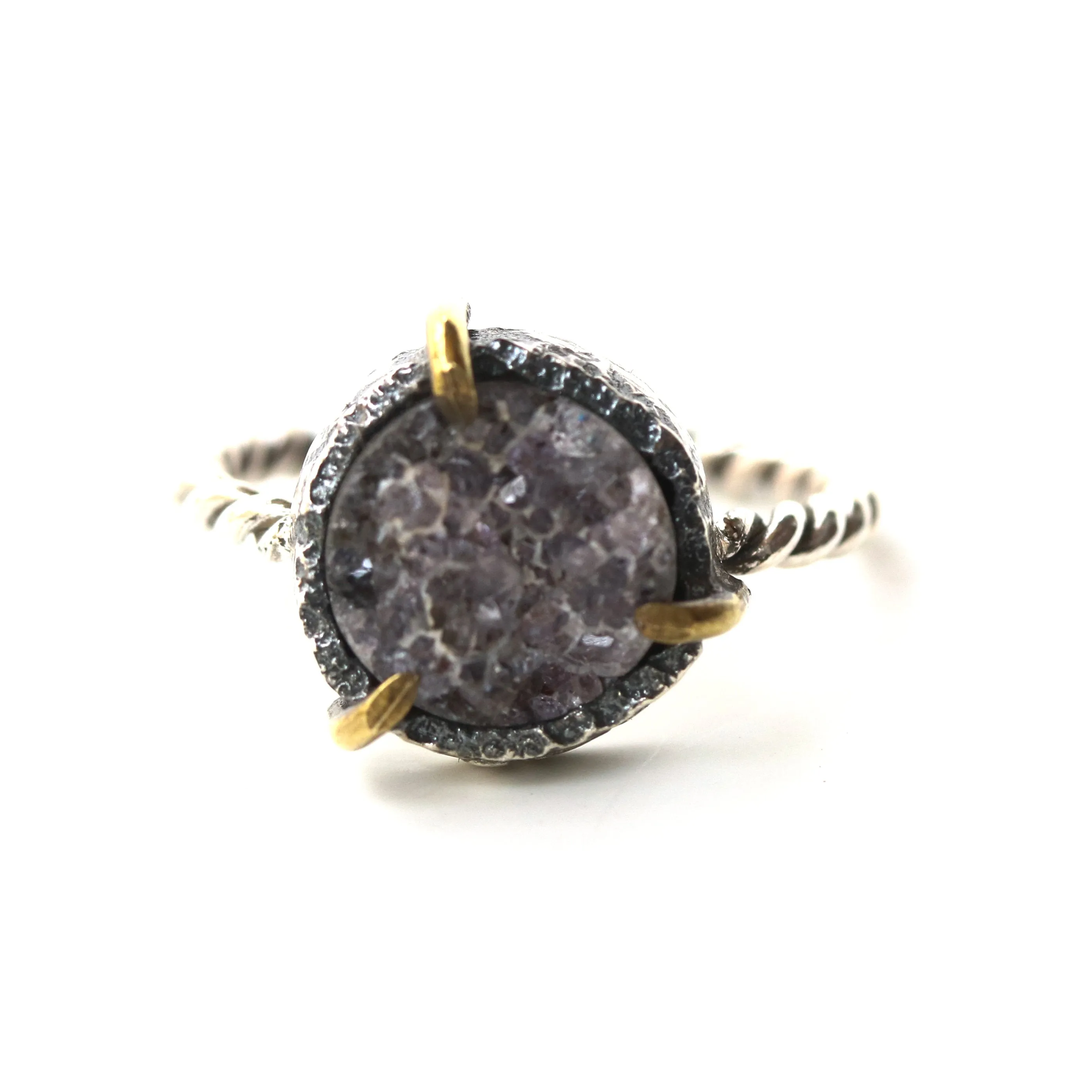 Purple round druzy quartz ring in silver bezel and brass prongs setting with oxidized sterling silver twist design band