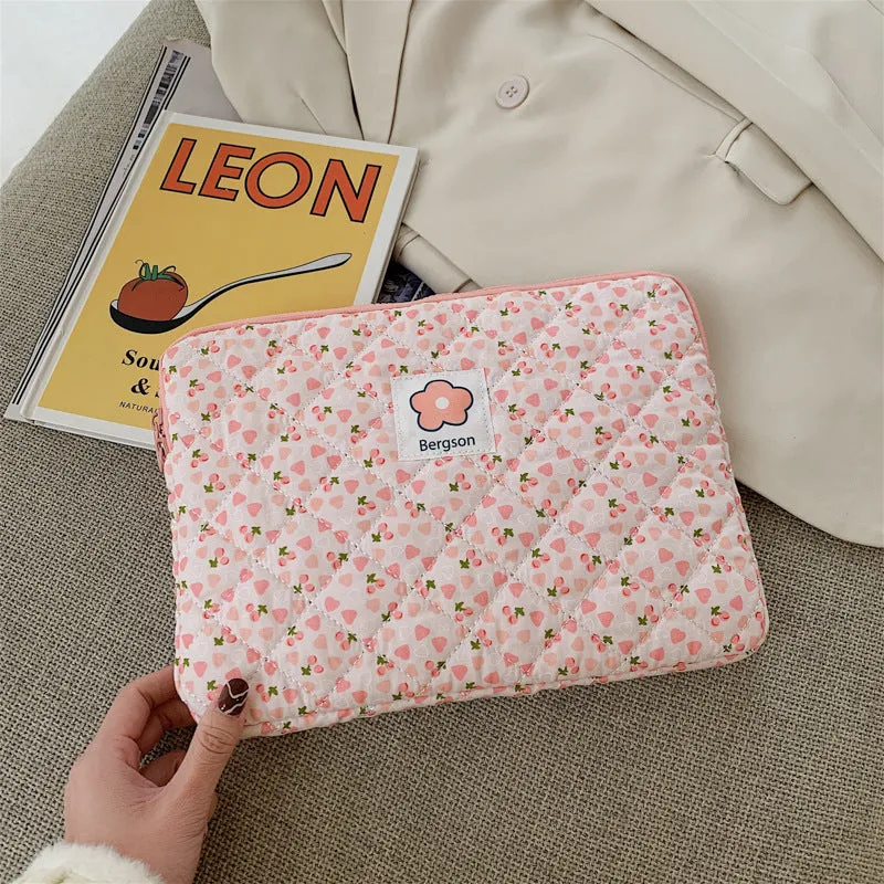 Quilted Cute Pink Green Floral Plaid iPad Bag,Laptop Sleeve,Laptop Bag