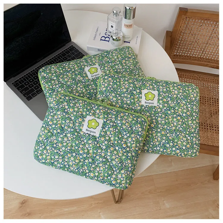 Quilted Cute Pink Green Floral Plaid iPad Bag,Laptop Sleeve,Laptop Bag
