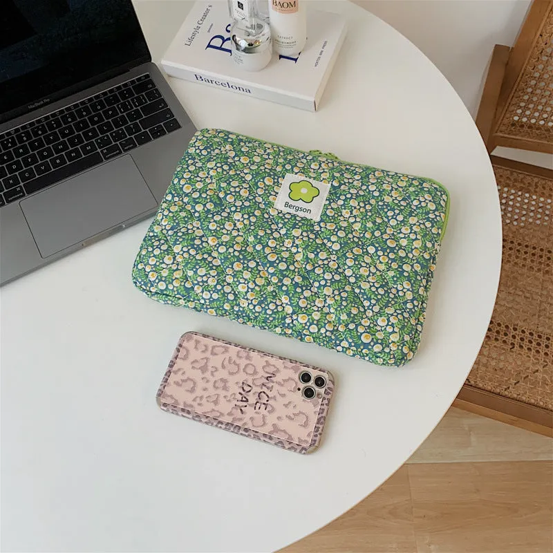 Quilted Cute Pink Green Floral Plaid iPad Bag,Laptop Sleeve,Laptop Bag