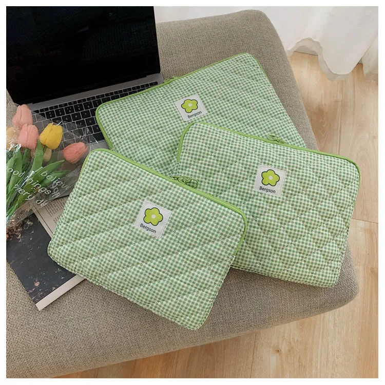 Quilted Cute Pink Green Floral Plaid iPad Bag,Laptop Sleeve,Laptop Bag