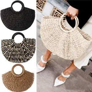 Rattan Wicker Straw Woven Half-round Bag