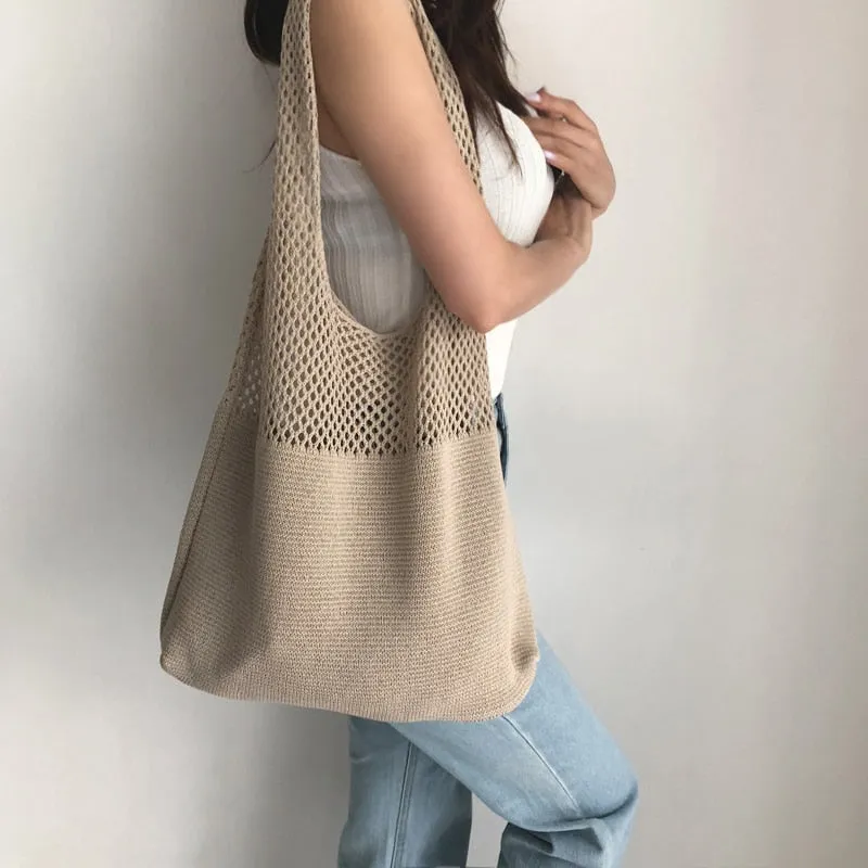 Realaiot casual hollow woven women shoulder bags designer knitting handbags large capacity tote summer beach bag big purses shopper sac