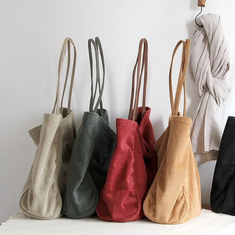 Realaiot Corduroy Canvas Shoulder Bag With Inner Pocket Handbag Purse Large Capacity Schoolbag Casual Tote For Women Girls