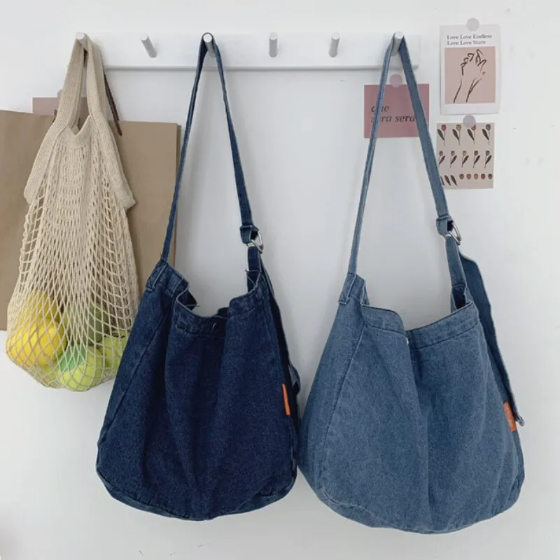 Realaiot Korean Denim Women Shoulder Satchels Female Student Messenger Bags Large Fashion Crossbody Bag Cotton Cloth Handbags Shoppers
