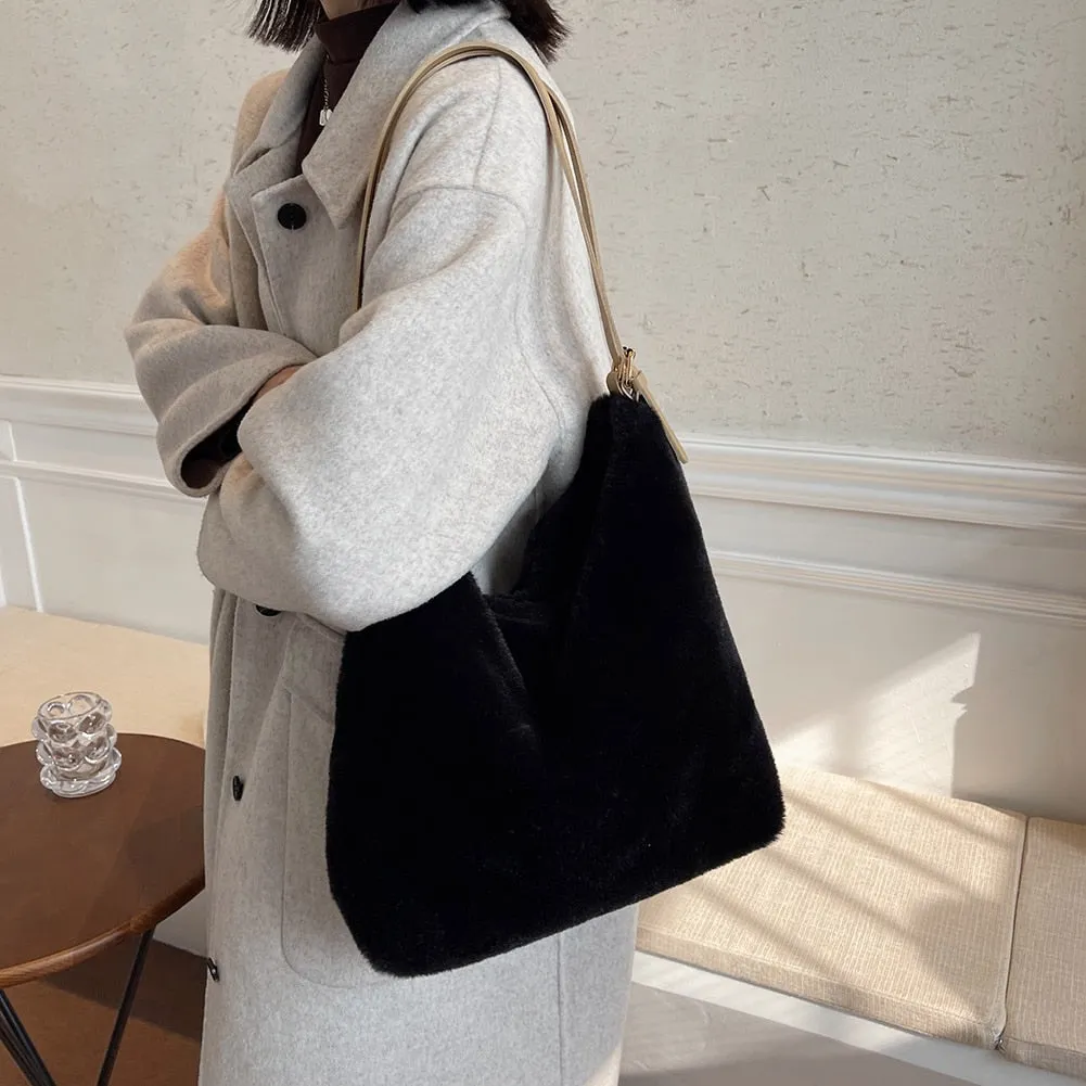 Realaiot Soft Plush Double Strap Shoulder Bag For Women Winter Warm Faux Fur Shopper Bags Female Large Capacity Tote Bag Fluffy Handbag