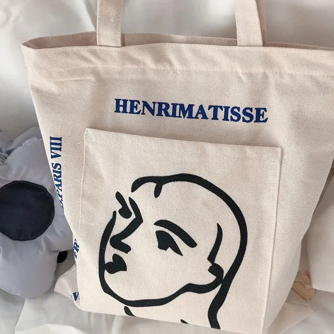 Realaiot Women Canvas Shoulder Bag Henrimatisse Printing Ladies Casual Handbag Tote Bag Large Capacity Cotton Reusable Shopping Beach Bag