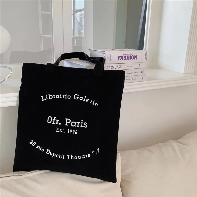 Realaiot Women Canvas Shoulder Bag Paris Letter Print Ladies Casual Handbag Tote Bag Reusable Large Capacity Cotton Shopping Beach Bag