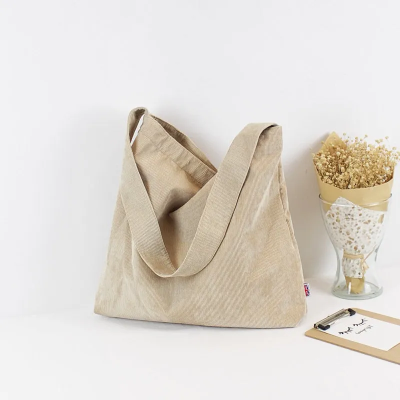 Realaiot Women Corduroy Shoulder Bag Canvas Cloth Fabric Handbag Solid Casual Tote Ladies Eco Shopping Bags College Students Books Bag
