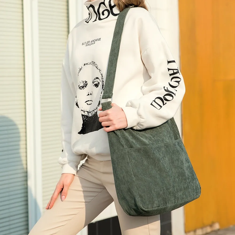 Realaiot Women Corduroy Shoulder Bag Zipper Large Capacity Simple Canvas Purse Messenger Bags Female Solid Soft Cloth Handbag Big Totes
