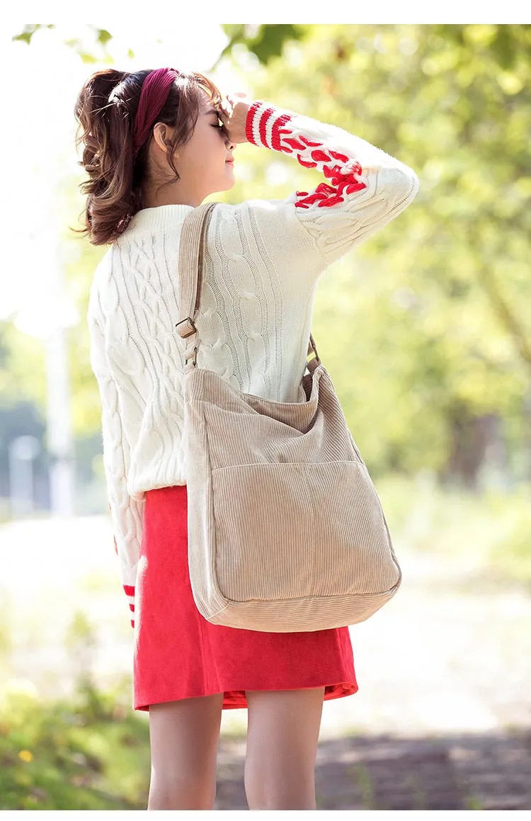 Realaiot Women Corduroy Shoulder Bag Zipper Large Capacity Simple Canvas Purse Messenger Bags Female Solid Soft Cloth Handbag Big Totes