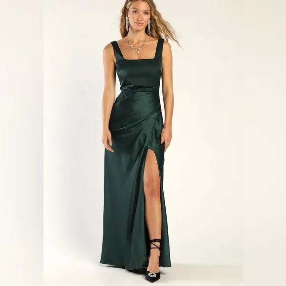 Red Carpet Romance Emerald Green Satin Square Neck Maxi Dress