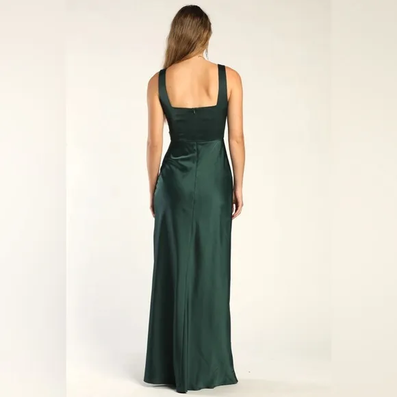 Red Carpet Romance Emerald Green Satin Square Neck Maxi Dress