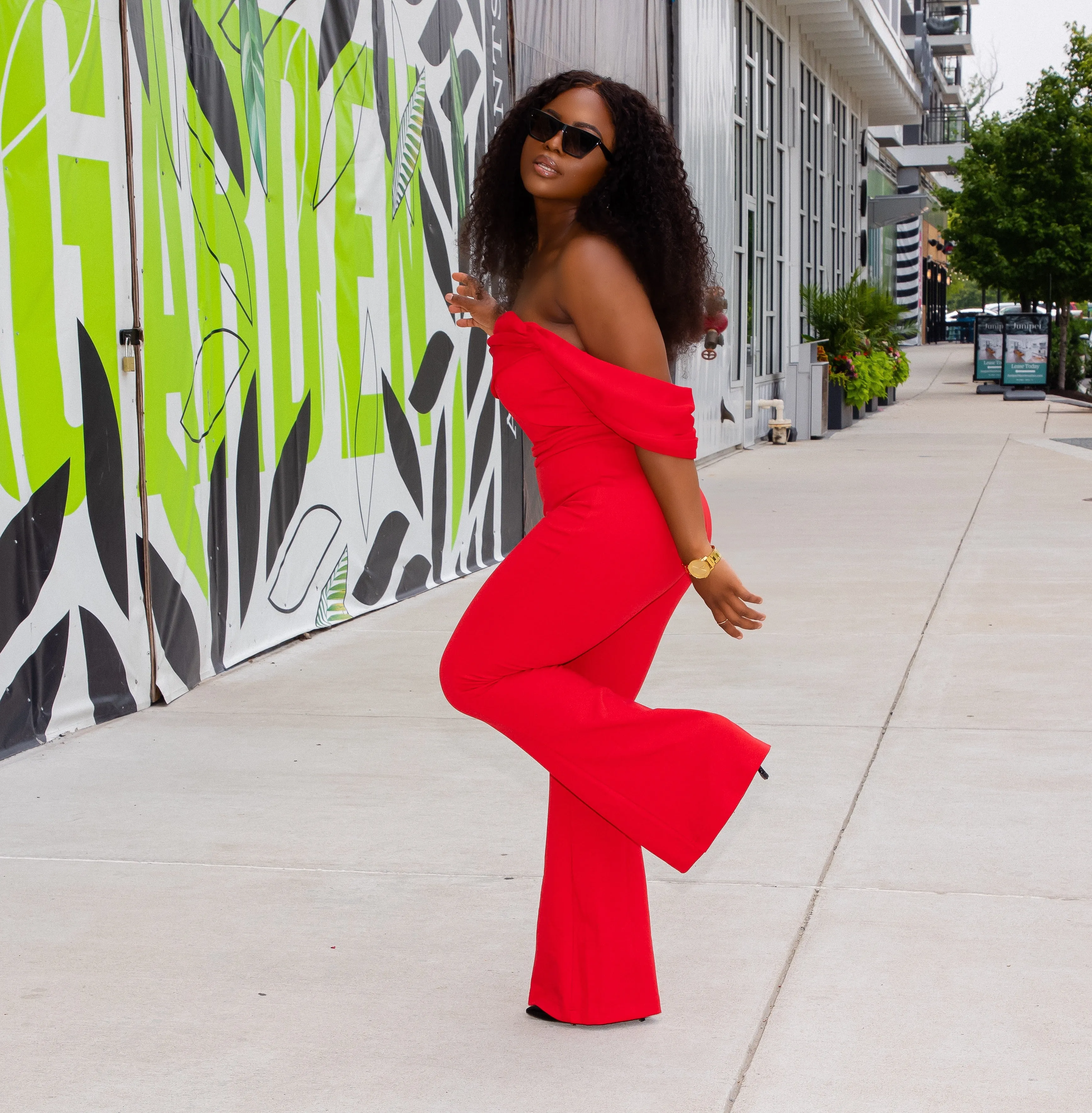 Red Off Shoulder Flared Crepe Jumpsuit
