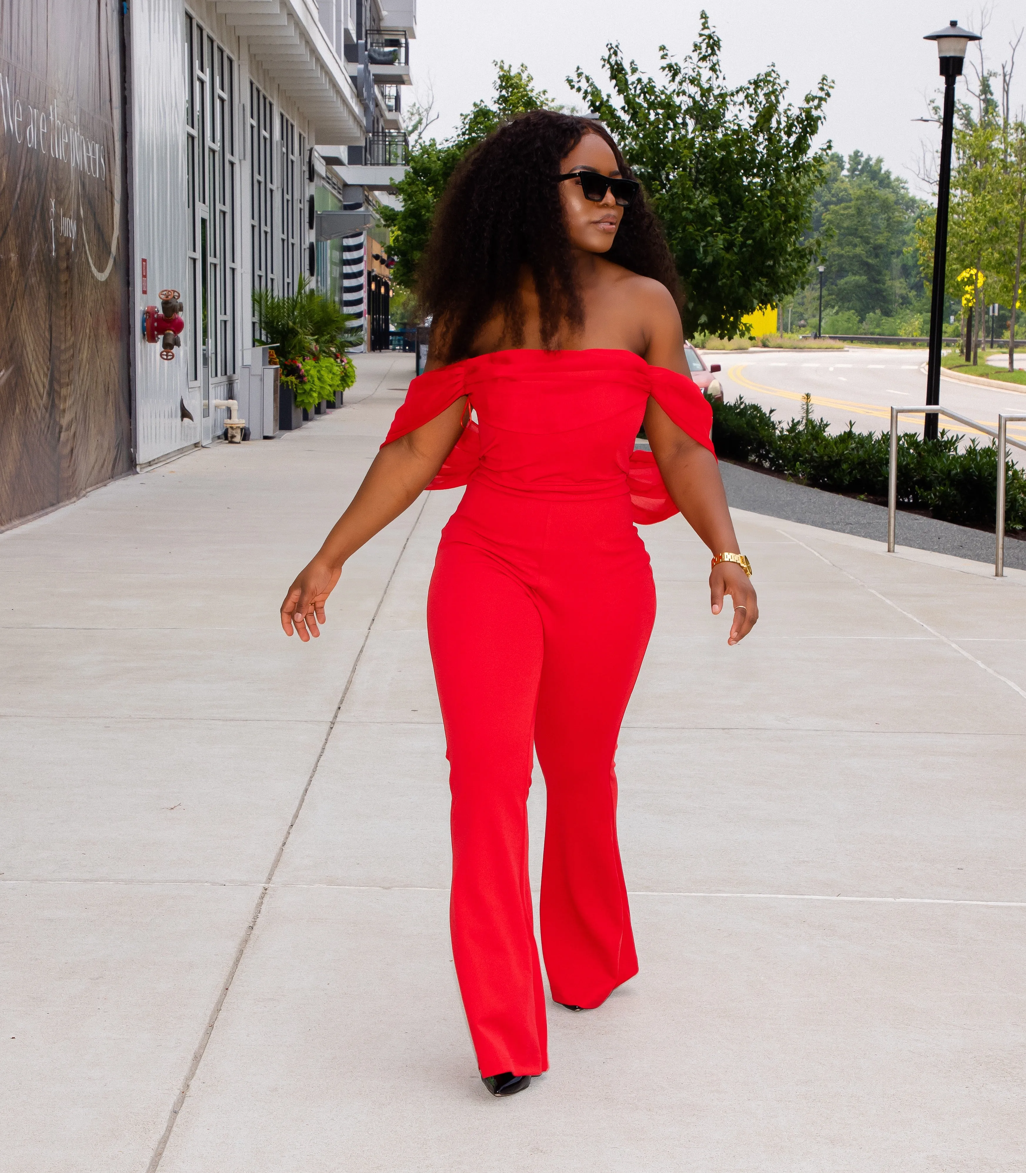 Red Off Shoulder Flared Crepe Jumpsuit