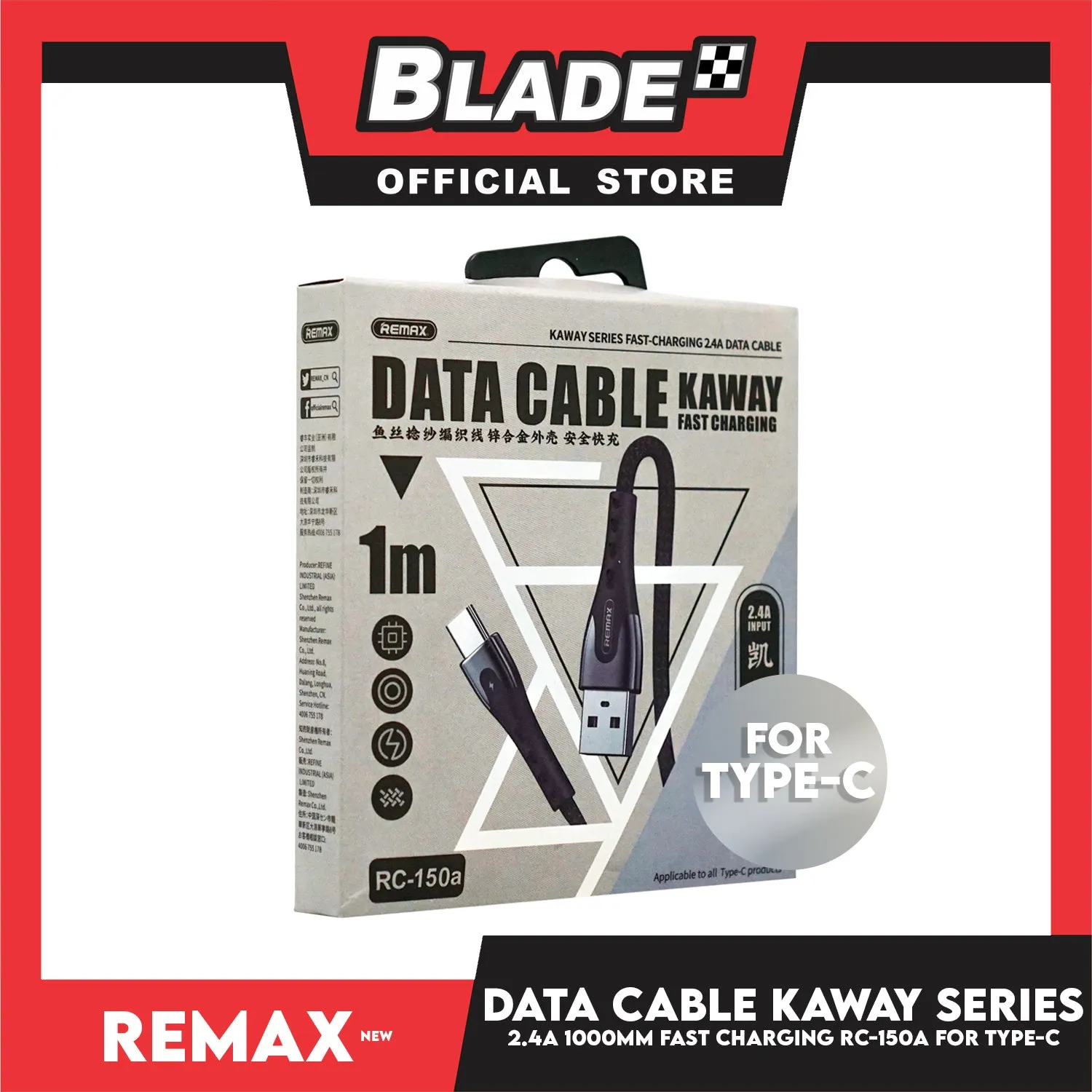 Remax Data Cable Kaway Series 2.4A 1000m RC-150a for Type-C (Black) Compatible with Samsung S20  S10 Note 10 iPad Pro MacBook Pro Google Pixel and More