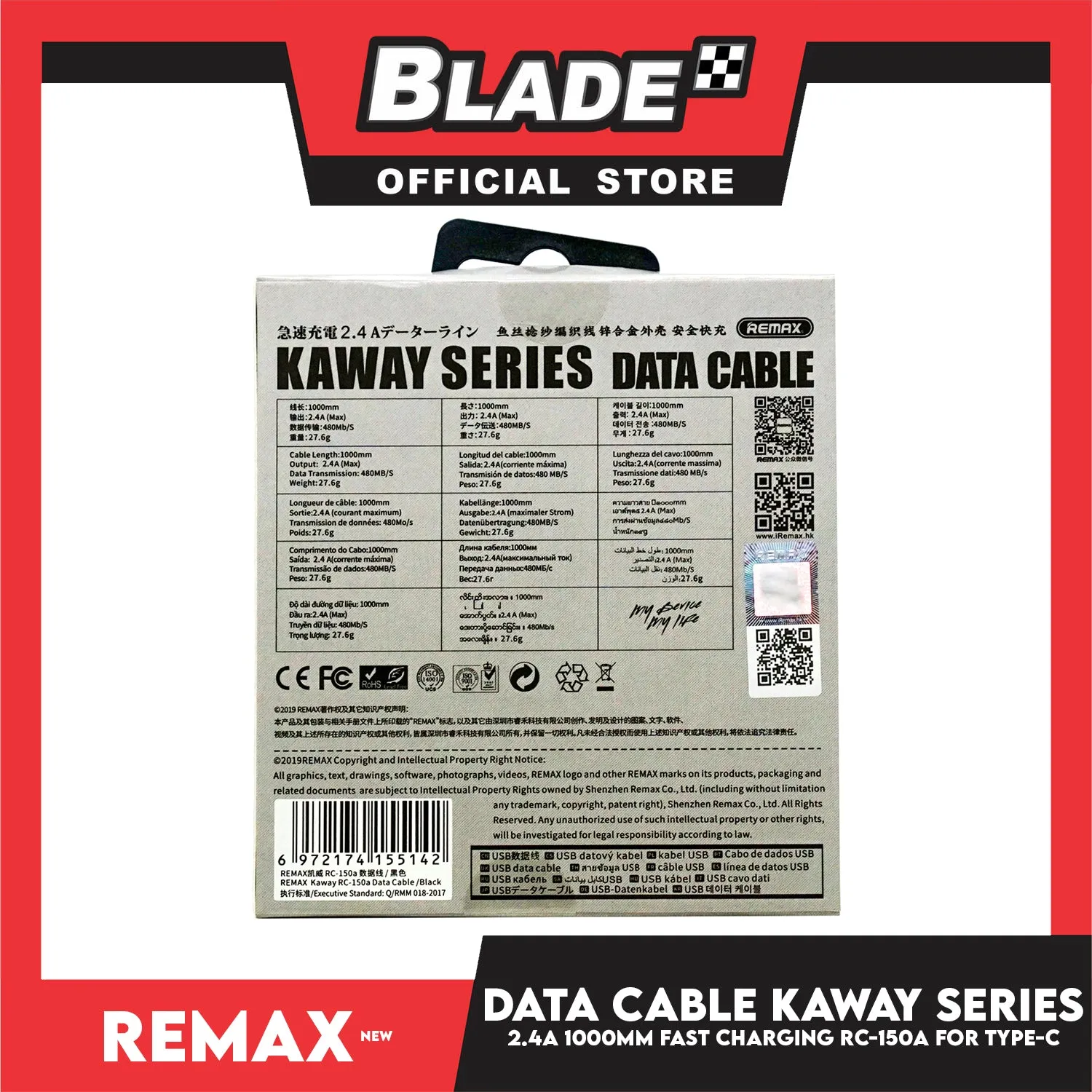 Remax Data Cable Kaway Series 2.4A 1000m RC-150a for Type-C (Black) Compatible with Samsung S20  S10 Note 10 iPad Pro MacBook Pro Google Pixel and More
