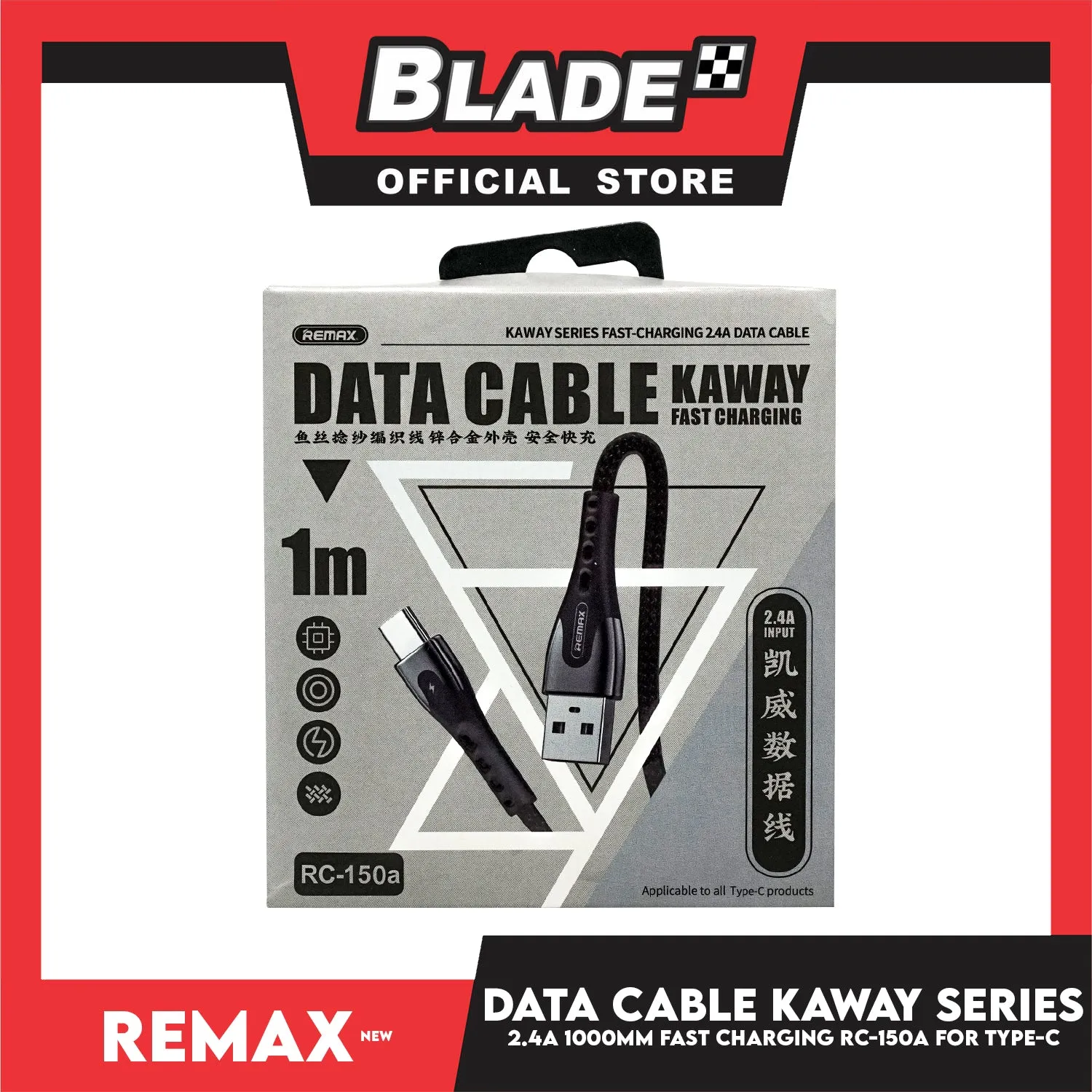 Remax Data Cable Kaway Series 2.4A 1000m RC-150a for Type-C (Black) Compatible with Samsung S20  S10 Note 10 iPad Pro MacBook Pro Google Pixel and More