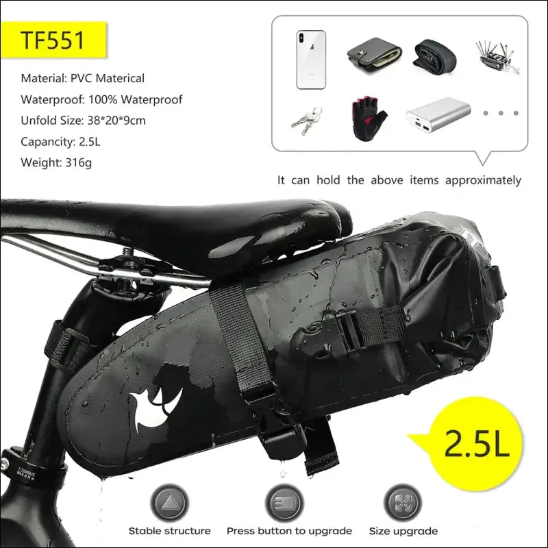 Rhinowalk 2.5l bicycle saddle bag - full waterproof seat bag for mtb road repair tools - bike tail