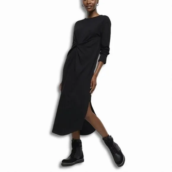 River Island Midi Shift Dress Twist Front Knot Long Sleeve Black Women's 16 NWOT
