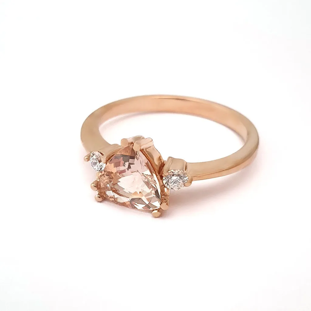 Rose Gold Double Claw Trilliant Cut Morganite With Diamond Shoulder Highlight Ring