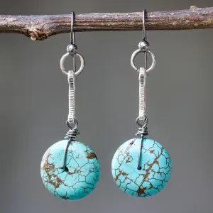 Round blue dyed howlite  earrings with oxidized silver bar on sterling silver hooks style